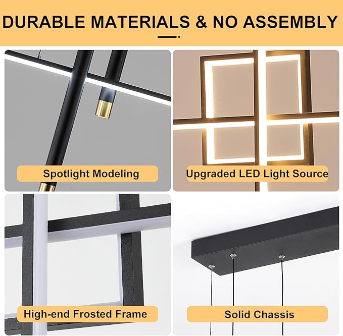 ORANOOR Modern LED Chandelier Lighting, Dimmable Linear Black Pendant Light with Squares, 39in Dining Room Hanging Light Fixture, Kitchen Island Pendant Light for Dining Table Bar (3000lm/50W)