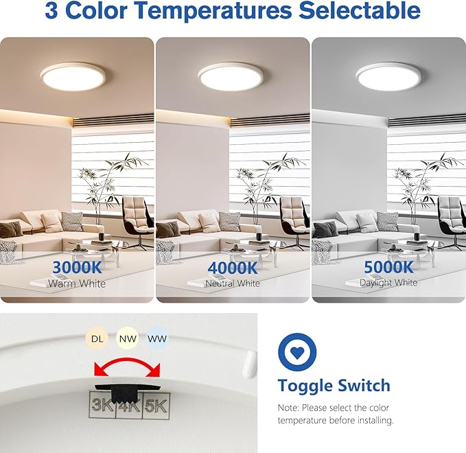 12 Inch Slim Dimmable LED Flush Mount Ceiling Light Fixtures, 24W 2640LM 3000K/4000K/5000K, House Upgrade Led Lights for Bedroom Hallway Laundry Room Rental Units, 240W Equiv., White