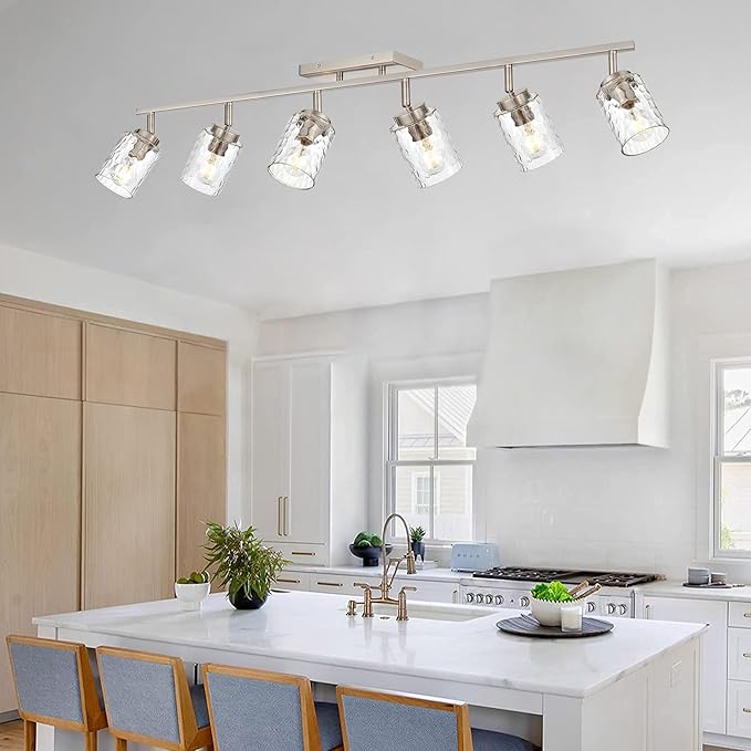 6 Light Track Lighting,Brushed Nickel Bathroom Vanity Light Modern Ceiling with Rotatable Track Head and E26 Base Vanity Lights Clear Hammered Shade Wall Mount Lighting Sconce