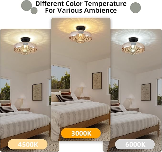 Semi Flush Mount Ceiling Light,11.8 inch Vintage Warm Amber Glass Ceiling Light Fixture,Living Room Lighting Fixtures Ceiling for Hallway Porch Bedroom Bathroom Dining room,E26 Base(Bulb Not Included)