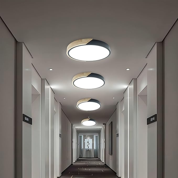Wood LED Flush Mount Ceiling Light, 4500K Modern Round Close to Ceiling Light Fixtures, 12 Inch Minimalist Black Ceiling Lamp, Low Profile Ceiling Lights for Bedroom, Kitchen, Laundry