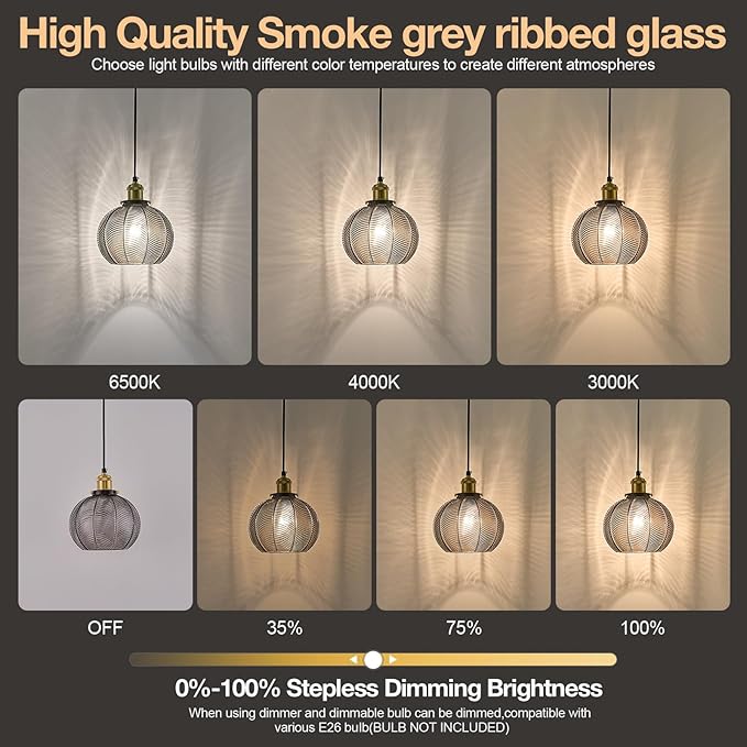 7.8in Vintage Pendant Light 2- Light Kitchen Sink Pendant Lights with Smoke Sray Hand Blown Glass Small Hanging Lamp for Kitchen Island Dining Room Bedroom Bathroom Hallway E26