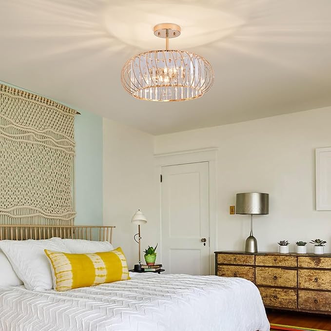 16 Inch Semi Flush Mount Crystal Ceiling Light, 3-Light Metal Cage Hallway Ceiling Lamps, Farmhouse Ceiling Light Fixture, Industrial Crystal Chandelier for Corridor Bathroom Kitchen (Gold, 16 Inch)