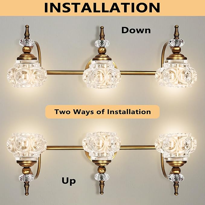 Montex Brass Bathroom Light Fixtures, Gold Vanity Light Vintage, Bathroom Vanity Light Fixtures, Wall Sconces Lighting for Bedroom, Living Room, Hallway, 3 Lights