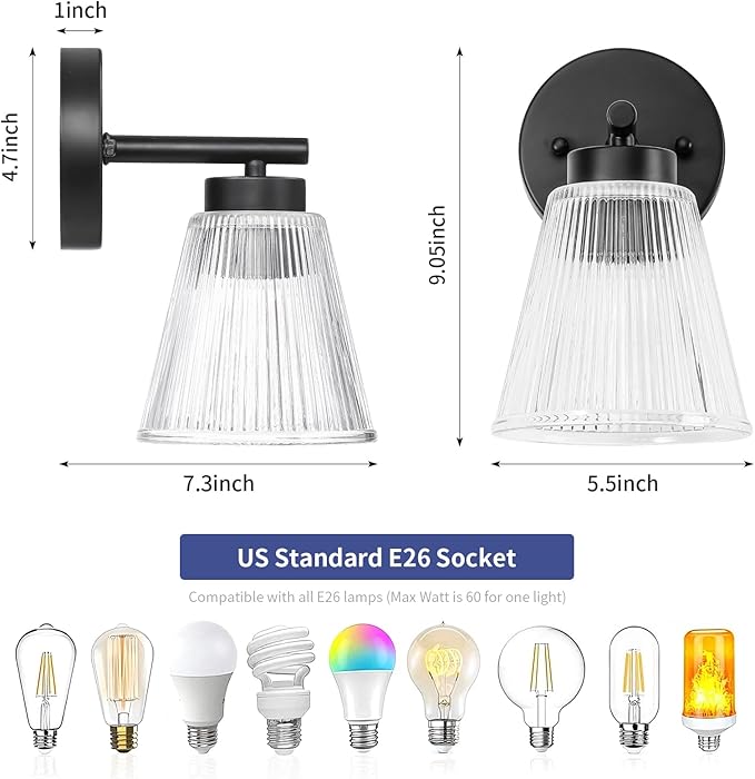 OCIOC Set of 2 Wall Sconces for Bathroom, Black Modern Vanity Light Fixtures with Striped Glass Shade, Mount Lighting Lanterns for Mirror, Living Room, Bedroom, Hallway, Farmhouse
