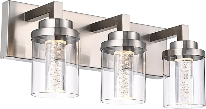 MELUCEE Modern LED Bathroom Vanity Light Bar Brushed Nickel Bubble Crystal Vanity Lights Over Mirror 3 Light Bath Wall Light Fixture with Clear Glass Shade, Built-in LED Chips, 5CCT Adjustable
