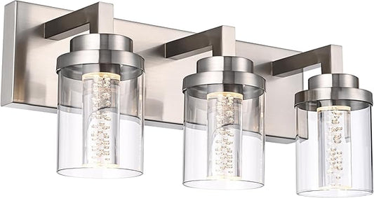 MELUCEE Modern LED Bathroom Vanity Light Bar Brushed Nickel Bubble Crystal Vanity Lights Over Mirror 3 Light Bath Wall Light Fixture with Clear Glass Shade, Built-in LED Chips, 5CCT Adjustable