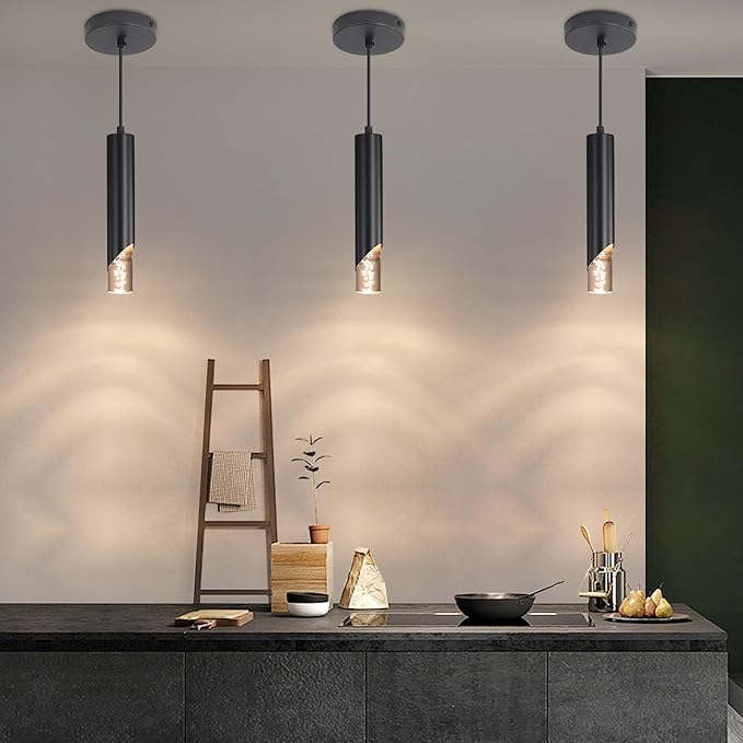 Minimalist Kitchen Island Pendant Lights, Black Modern Linear Hanging Light Fixture, Bubble Acrylic, Adjustable 2700K/4500K/6500K, LED Ceiling Lighting for Dining Room, Bedside, Bathroom, Bar