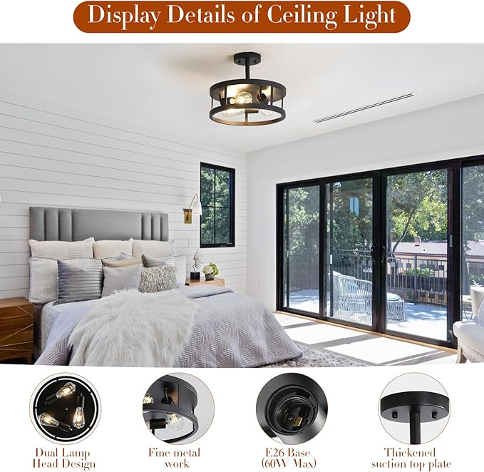 Farmhouse Semi Flush Mount Ceiling Light, 13 Inch Black Close to Ceiling Lights 3-Light, Easy Assembled, Vintage Metal Cage Drum Flush Mount Ceiling Lights for Bedroom Kitchen Porch Laundry