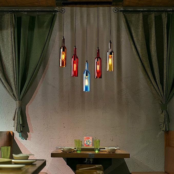 5-Head Colorful Beer Bottle Chandelier, Industrial Ceiling Light Vintage Pendant Lamp, Wine Glass Bottle Chandelier Pendant Lighting Fixture Hanging Lamp Height Adjustable, E27 Lamp Holder