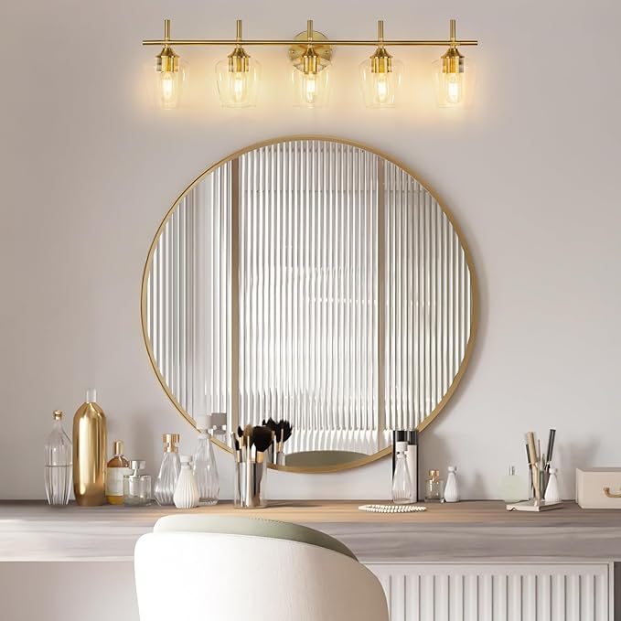Bathroom Light Fixtures 5-Light Brushed Nickel Vanity Light with Clear Glass Shade, Modern Wall Lights for Bedroom Hallway Living Room (Gold, 5-Light)