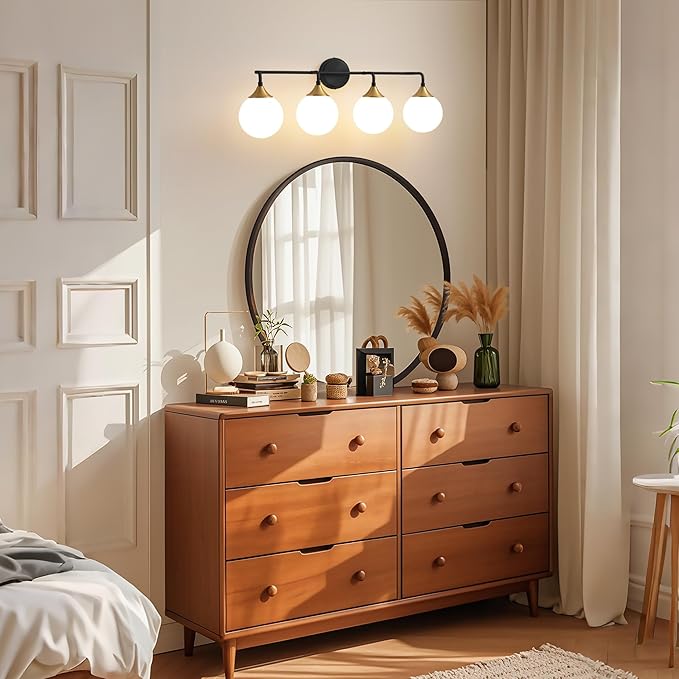 Bathroom Light Fixtures, 4-Light Black Gold Bathroom Vanity Lights Over Mirror, Modern Farmhouse Wall Sconce Lighting with Milk White Glass Ball Shades
