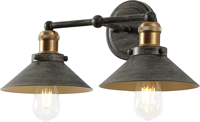 JONATHAN Y 17.5" Rustic Dark Gray/Brass Gold 2-Light Industrial Farmhouse Metal Vanity Light Wall Sconce, Metal Shade for Bathroom Mirror, Kitchen, Entryway, LED Bulb Included (JYL7427D)