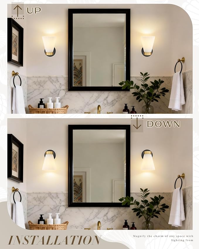 1-Light Bathroom Wall Sconce, HWH Black and Gold Wall Sconce with Frosted Milk White Striped Glass, Modern Bathroom Light Fixture for Bathroom Bedroom, 5HZG97B BK+BG
