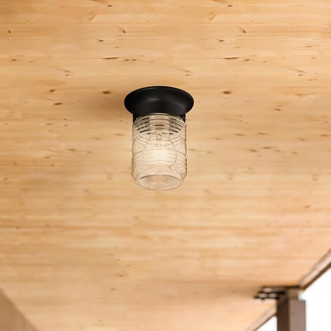 Design House Outdoor Ceiling Light, Jelly Jar Shape, Clear Ribbed Glass, Wet Rated, LED-Compatible, For Porches/Patios/Garages, Black, 4.8 in W x 5.9 in H, 587220