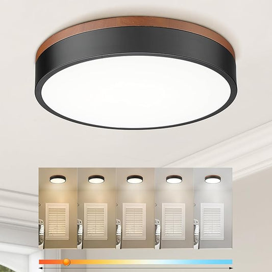 Ken & Ricky 12 Inch Wood Flush Mount Ceiling Light Fixtures,Round Flat Led Ceiling Light Dimmable,Close to Ceiling Light Fixtures for Kitchen Bathroom Bedroom Hallway 5CCT 24W 1PK