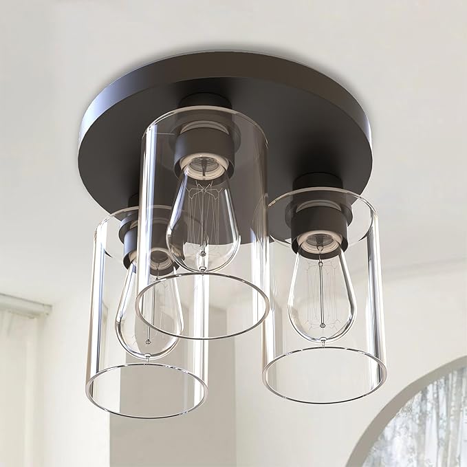 Debo Modern Farmhouse 3-Light Flush Mount Ceiling Light Fixture with Clear Glass Shade in Dark Bronze Finish for Hallway, Entryway, Passway, Bedroom, Garage, Kitchen, Balcony Living Room