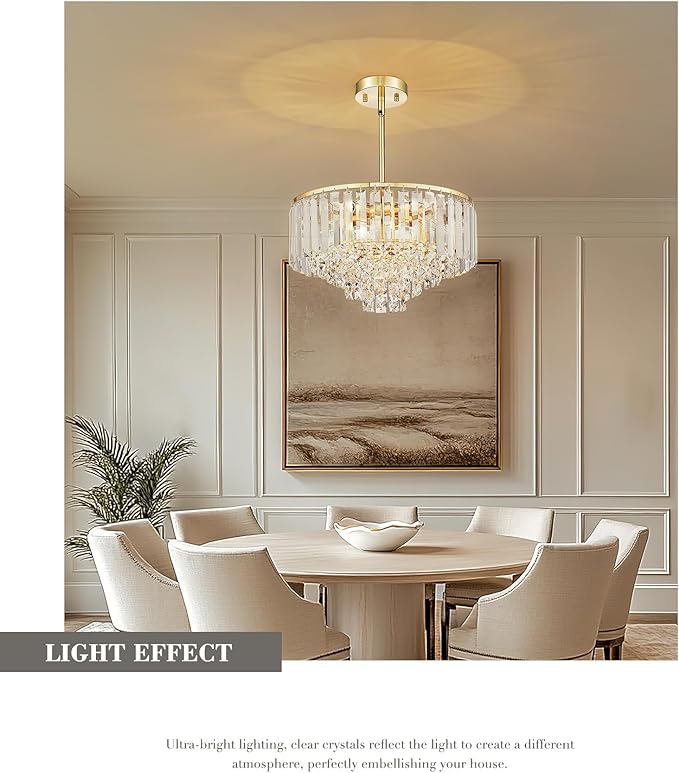 15'' Gold Chandelier, 5-Tier Crystal Chandelier, Modern Pendant Light for Dining Room Kitchen Island Bedroom Entryway, CC4215-5W-PG