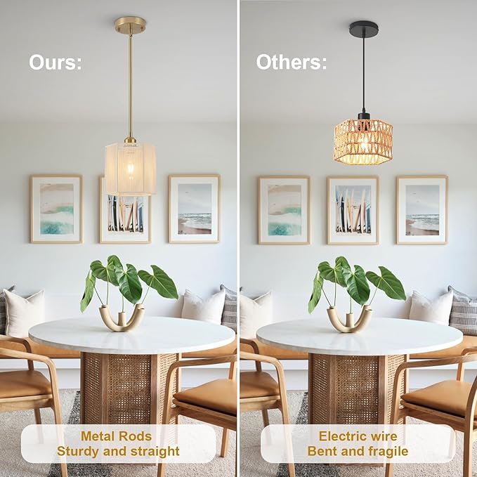 2-Pack Hand-Woven Rattan Pendant Lights, 7.67" Boho Hanging Pendant Light Fixtures, Coastal Hexagonal Mini Island Lights for Kitchen Island, Foyer, Bedroom, E26 Base