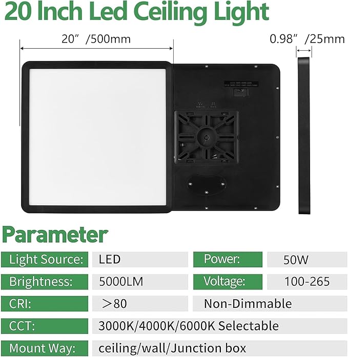 FY WISDOM FLY LIGHTING 20 Inch Large LED Flush Mount Ceiling Light, 50W, 5000LM, Selectable 3000K/4000K/6000K CCT,Square Flat Panel Low Profile Light Fixture (Black, 20“ 2PK)