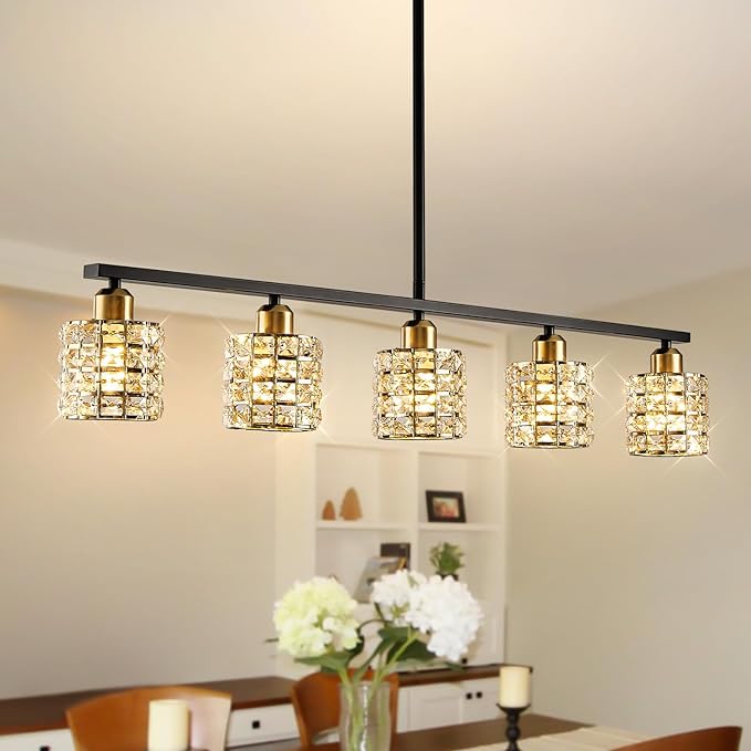 5-Light Linear Crystal Chandelier, Black and Gold Dining Room Light Fixtures Over Table, Adjustable Height Farmhouse Pendant Lights Kitchen Island for Dining Room