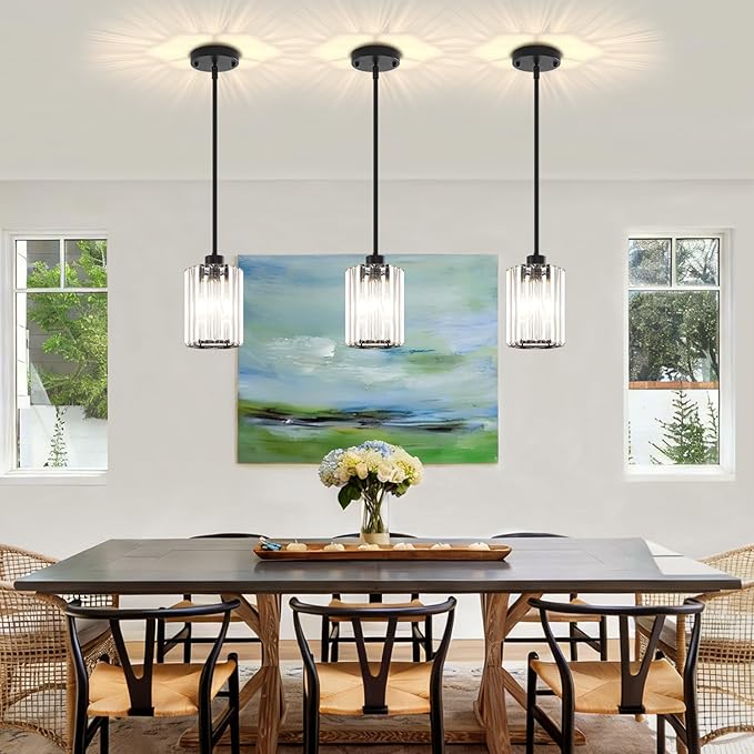 3-Pack Black Pendant Lights Kitchen Island Modern Crystal Hanging Pendant Light Hexagonal Mini Chandelier Adjustable Hanging Kitchen Lights for Dining Room Hallway Bedroom Entryway Light Fixtures