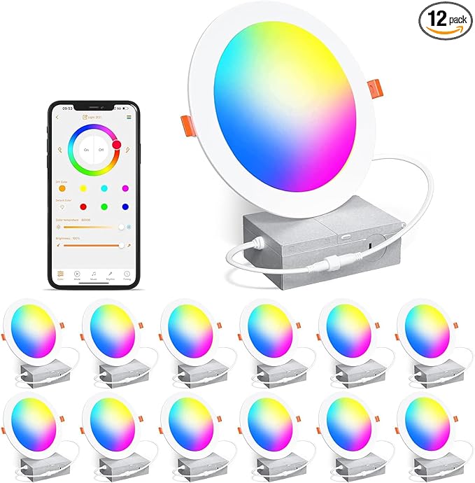 Smart Recessed Lighting 4 Inch RGBCW Color Changing 12W Recessed Ceiling Light with Junction Box,1080LM Canless LED Downlight Compatible with Alexa,Dimmable by Bluetooth Control -12Pack
