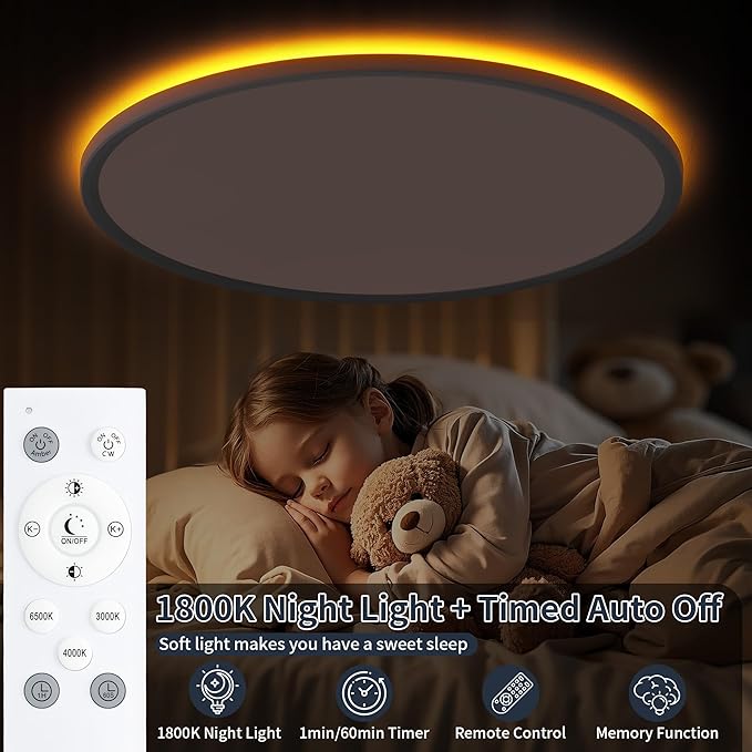 23 Inch Flush Mount Ceiling Light with Night Light, 54W 5400LM, Dimmable LED Ceiling Lights Fixture with Remote Control, 3000K/4000K/6500K Selectable, Slim Bright Bedroom Light Fixture, Round White