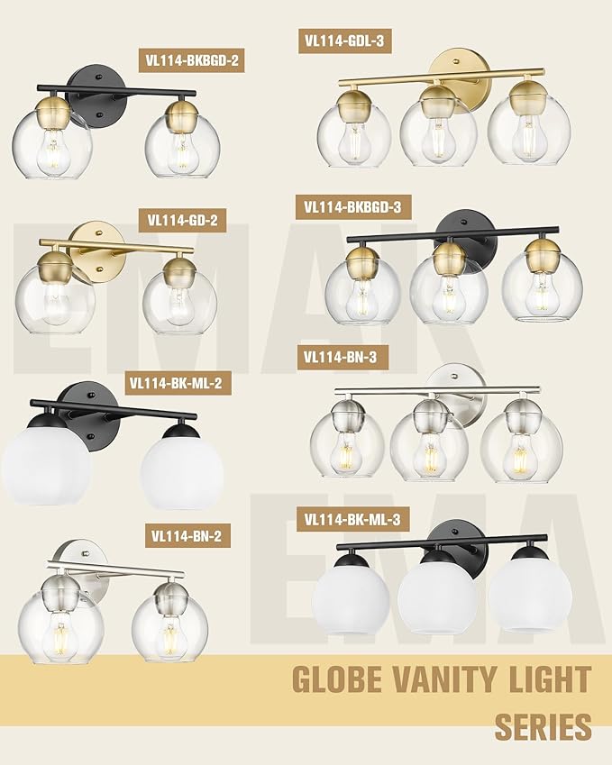 Emak 2-Light Gold Bathroom Light Fixtures Over Mirror, Globe Bathroom Vanity Light with Clear Glass Shades and Gold Finish, VL114-GD-2