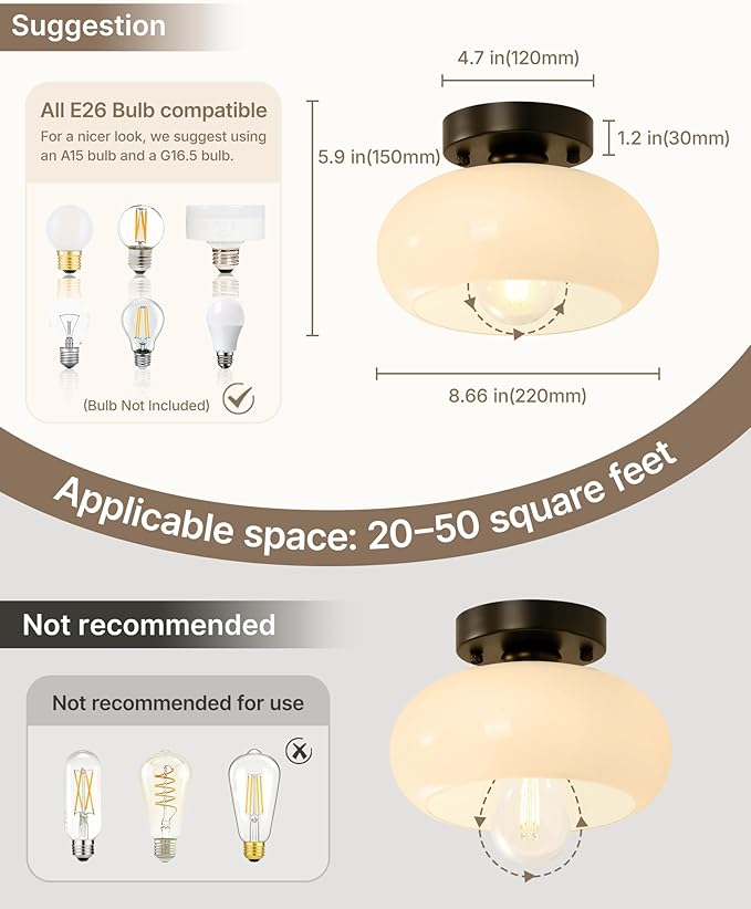 Yunnix Semi Flush Mount Ceiling Light, Black Light Fixture, Mid-Century Modern Farmhouse Milk Glass Small Light Fixtures for Hallway, Bathroom, Kitchen, Bedroom, Living Room, Closet(8.66 Inch)