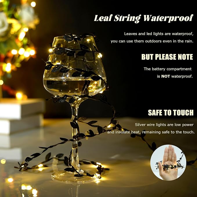 Leaves String Lights Black 6.56ft 20 LED Tiny Artificial Ivy Leaf Vine with Fairy Lights Battery Operated for Room Decor Bedroom Wedding Holiday Party Table Decor, 2PCS