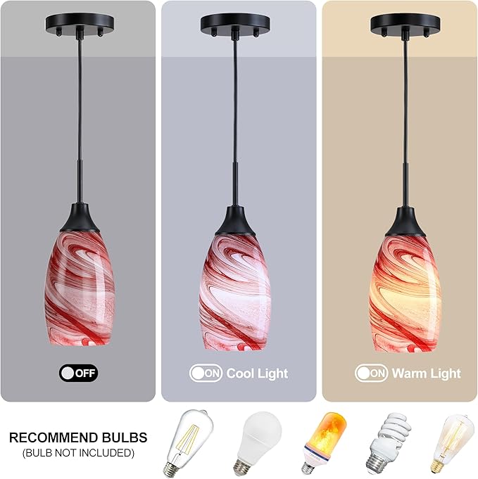 Viinew Mini Glass Pendant Light 4.72" with Handblown Burgundy Marble Art Glass Hanging Light 1-Pack Oval Ceiling Hanging Light Fixture for Dining Room Kitchen Island Cafe Foyer Hallway