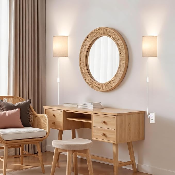 Shenmoyl Plug in Wall Sconces Set of 2 - Dimmable 3 Light Modes, Soft Fabric Linen Shade, Easy Install Wall Lamp for Bedroom, Corridor, Living Room Indoor Ambience Lighting with Switch