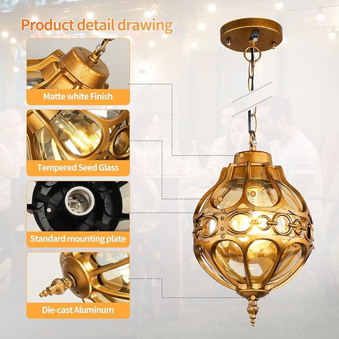 Dusk to Dawn Globe Outdoor Pendant Lights,Vintage Exterior Hanging Pendant Light Fixtures with Adjustable Chain, Aluminum Brass Outdoor Chandelier for Porch, Gazebo,with Sensor,Large