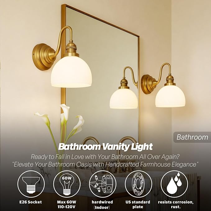 Gold Wall Sconces,Hardwire Bathroom Vanity Light with Striped Bowl Milk Glass Vintage Brass Wall Mounted Lamp Lights for Bathroom Mirror Living Room Bedroom Kitchen E26 Indoor