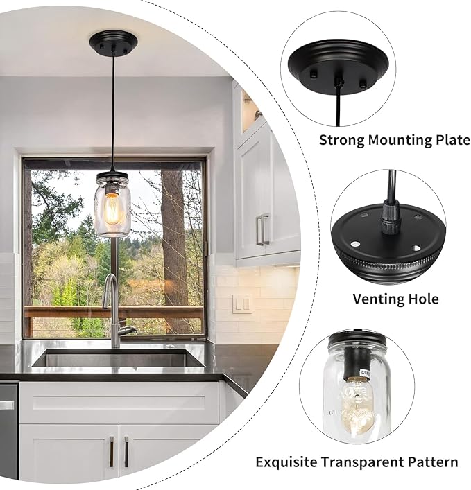 Mason Jar Light Fixtures, Farmhouse Pendant Light, Farmhouse Kitchen Island Lighting, Adjustable Hanging Pendant Lighting for Kitchen Foyer Hallway Dining Room, 2 Pack