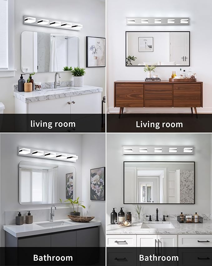 Bathroom Lighting Fixtures Over Mirror, 5 Light Bathroom Vanity Light Fixtures with Cool White 5000K, Silver LED Modern Vanity Wall Lights for Bath, Dressing Room, Restroom, 37.4 inch