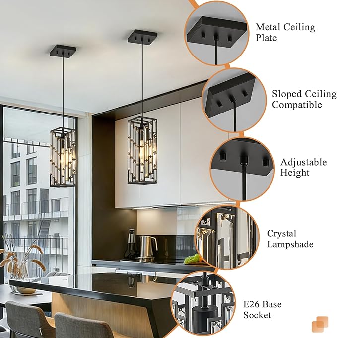 Black Pendant Lights Kitchen Island 2 Pack, Adjustable Modern Pendant Light Fixtures, Mini Crystal Chandeliers for Dining Room Bedroom Foyer Hallway