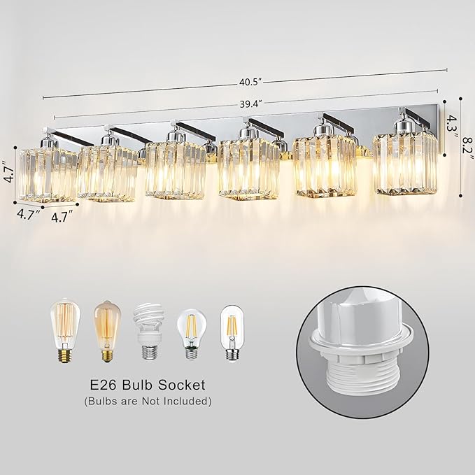Modern Bathroom Vanity Light 6-Lights Modern Chrome Crystal Bathroom Wall Light Large Vanity Light Fixtures Over Mirror