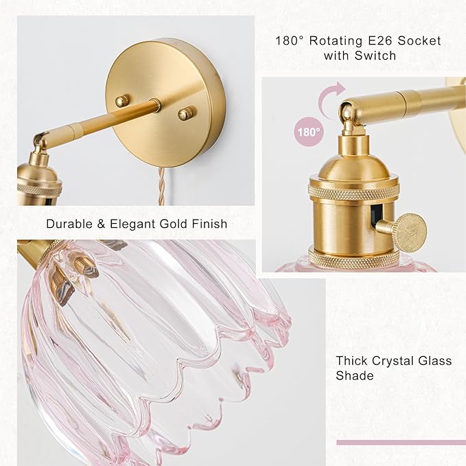 Plug in Wall Sconces Set of 2, Vintage Wall Sconce Light with Tulip Pink Glass Lampshade, Bedroom Wall Sconce with Switch and Plug in wall lamp Cord, Gold Wall Light Wall Decor Set of 2