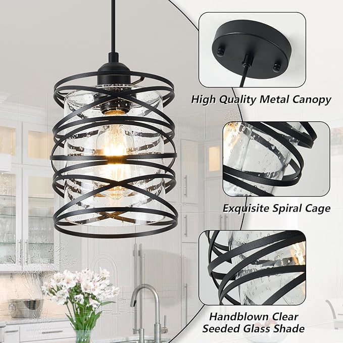 1-Pack Pendant Light Fixtures 6.3Inch Black Spiral Kitchen Island Light Modern Metal Cage Handblown Seeded Glass Ceiling Hanging Light Adjustable Cord for Dining Room Foyer Hallway, E26