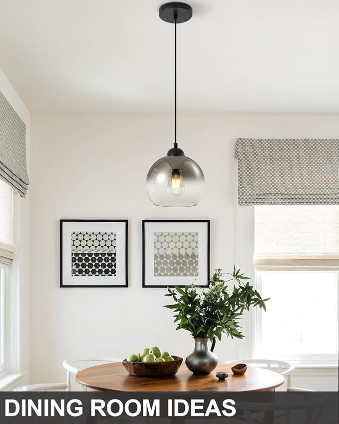 Modern Gradient Smoke Gray Glass Pendant Light，7.8-Inch Globe Adjustable Hanging Pendant Light for Bedroom Kitchen Island Dining Room Stairwell
