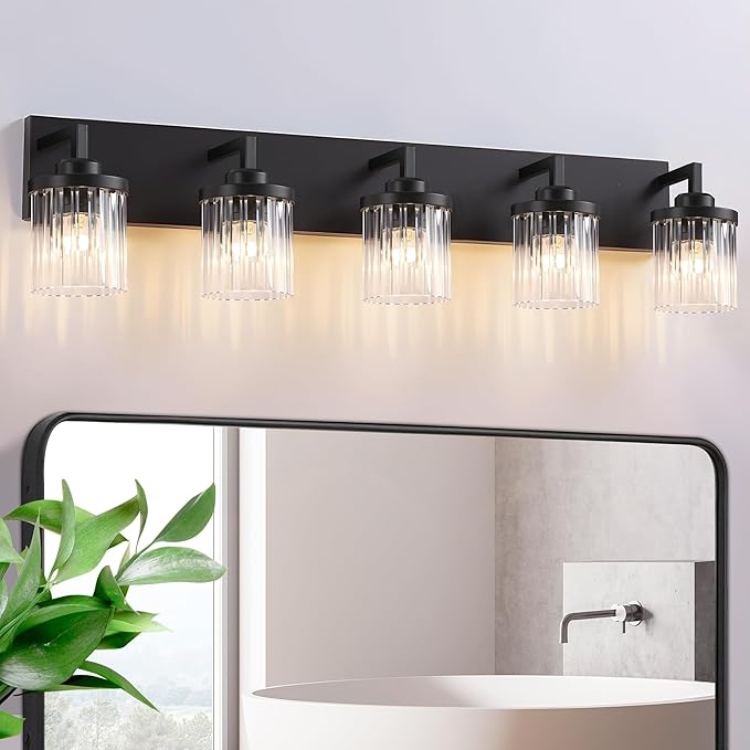 Modern Crystal Bathroom Light Fixtures, 5 Light Black Farmhouse Vanity Lights, with Crystal Glass Shade, Industrial Bathroom Lighting Fixtures Over Mirror Wall Light for Bedroom Living Room