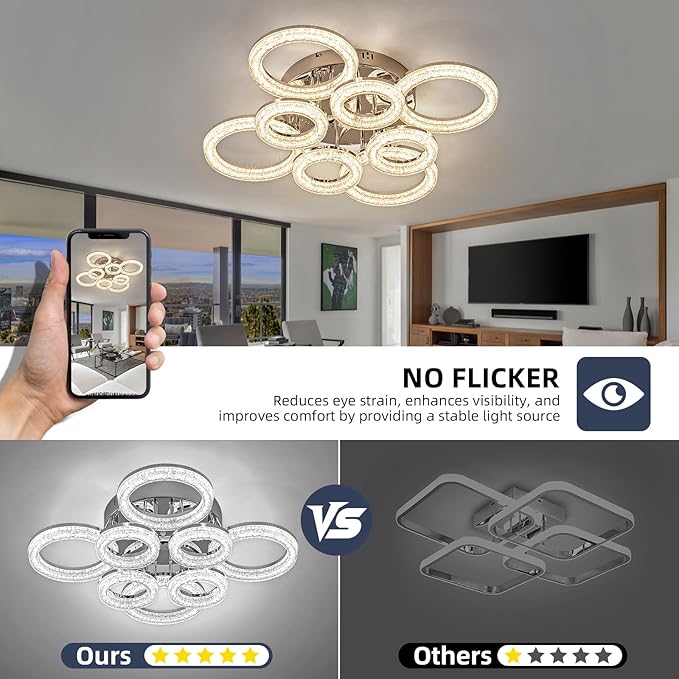 OKELI Modern Ceiling Light, 8 Rings 26.8'' Dimmable LED 106W Flush Mount Ceiling Lights with Remote Acrylic Crystal Round Ceiling Light Fixture, Bedroom Living Room Dining Room, Chrome