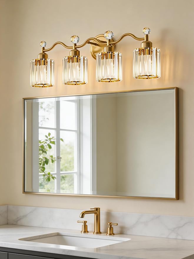 Modern Crystal Bathroom Vanity Light, 4-Lights Bathroom Light Fixtures, Brass Gold Vanity Lighting Fixtures Over Mirror, Brushed Wall Sconce Light for Bedroom, Kitchen, Living Room, Gallery, E26 Base