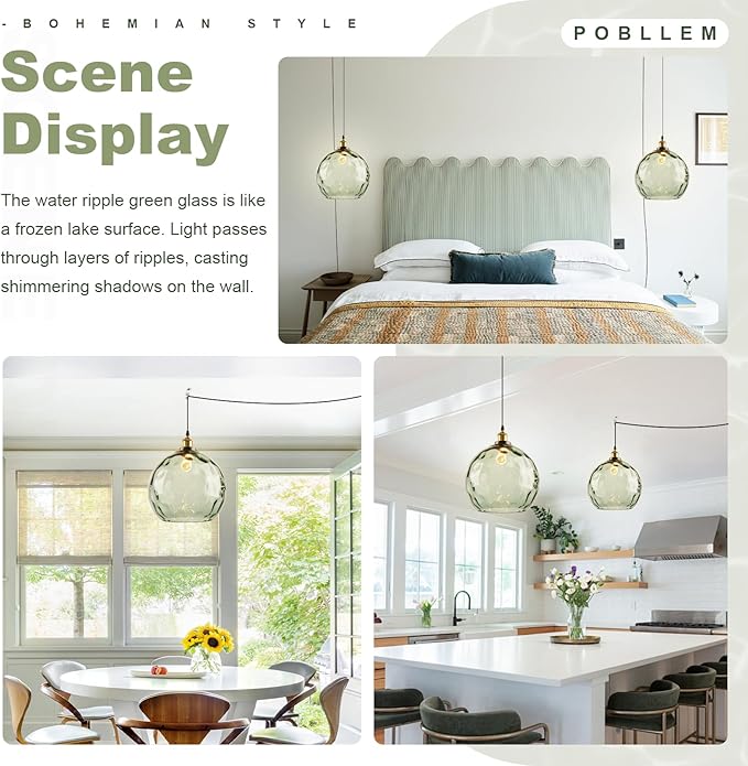 Plug in Vintage Pendant Light Green Glass Boho Hanging Swag Lamp with 13.8-inch Hammered Glass Globe Large Plug in Light Fixture Ceiling Hanging for Kitchen Dining Room Living Room