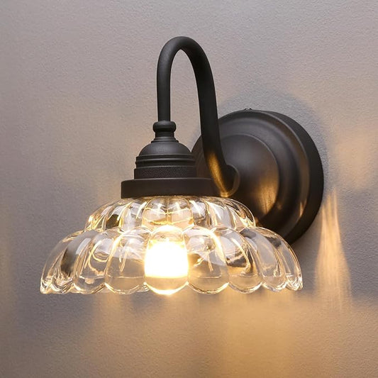 PERMO Vintage Black Wall Sconce with Clrar Lotus Glass Shade Antique Sconces Hardwired Light for Bathroom, Bedroom, or Entryway