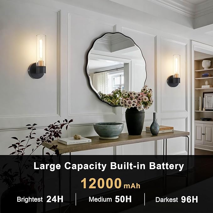 Battery Operated Wall Sconce Set of 2, Wireless Wall Lights with Remote Control, Rechargeable Dimmable Wall Lamps for Bedroom Bathroom Living Room Hallway Decor Stairwell, Black & Gold, 3000K