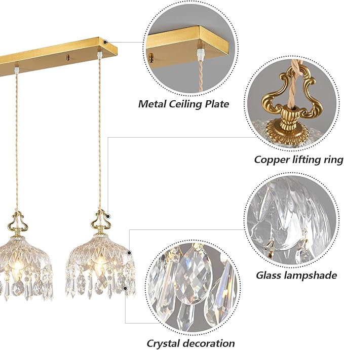 3-Light Pendant Light Fixtures Brass Vintage Glass Pendant Lights Crystal Hanging Light Fixtures,Adjustable Height Pendant Lighting for Dining Room Living Room Bedroom Hallway(Long Chassis)