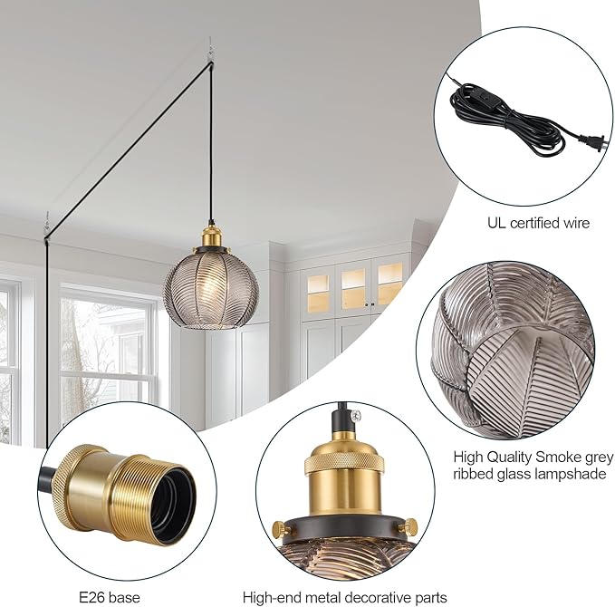 Modern Plug in Hanging Light, 7.8 Inch Glass Pendant Light with 14.76 FT Adjustable Plug in Cord, Vintage Smoke Gray Hanging Lamp for Dining Room Bedroom Kitchen Island Bathroom E26